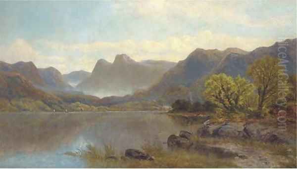 Sailing boats on a lake in a mountainous landscape Oil Painting by Alfred Pettitt