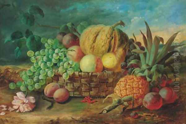 Grapes, plums, peaches and a wicker basket Oil Painting by James Poulton