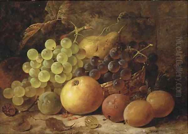 Grapes, plums, with an apple, pear and raspberry on a bank Oil Painting by James Poulton