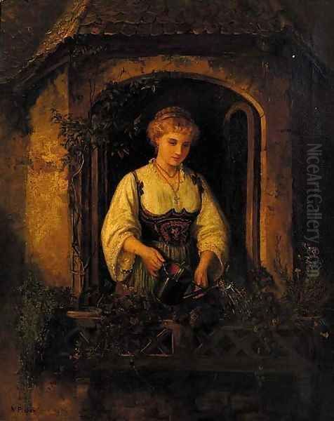 A young maiden watering her flower boxes Oil Painting by Wilhelm Pistor