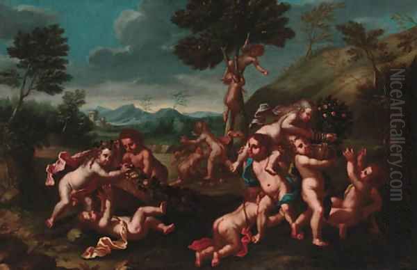 Putti desporting in a landscape Oil Painting by Domenico Piola