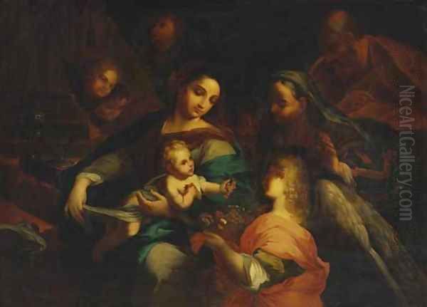 The Holy Family with Saint Elizabeth and an angel Oil Painting by Domenico Piola