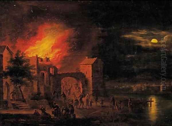 A town on fire at night Oil Painting by Egbert Lievensz. Van Der Poel