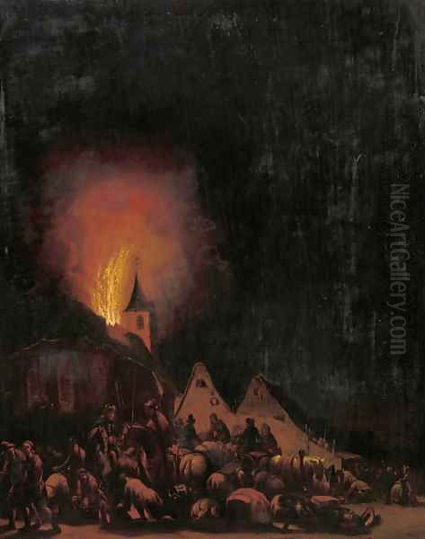 A village on fire at night Oil Painting by Egbert Lievensz. Van Der Poel