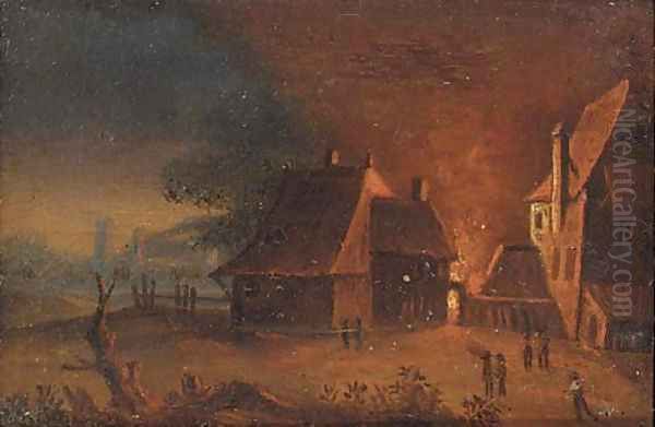 A fire at the farm Oil Painting by Egbert van der Poel