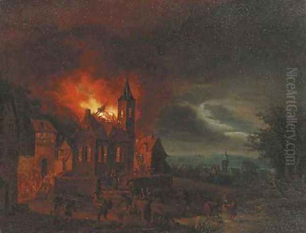 A nocturnal townscape with a church on fire Oil Painting by Egbert van der Poel