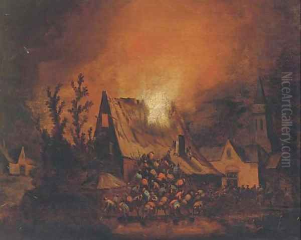 A village on fire at night Oil Painting by Egbert van der Poel