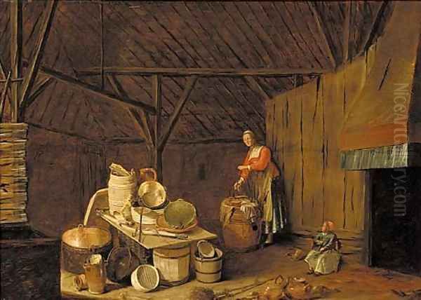 The interior of a barn with a woman washing clothes Oil Painting by Egbert van der Poel