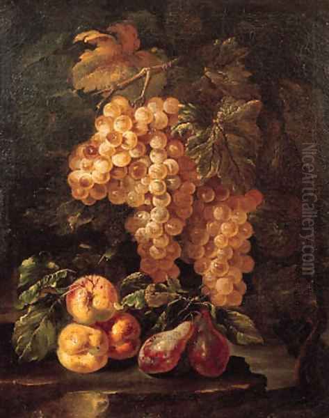 Bunches of grapes hanging from a vine with peaches and plums on a rock Oil Painting by Giovanni di Paolo