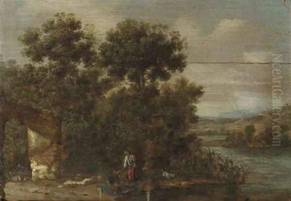 A wooded river landscape with Tobias and the Angel Oil Painting by Jacob Pynas