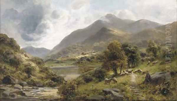 A shepherd with his flock in a lake landscape Oil Painting by James Peel