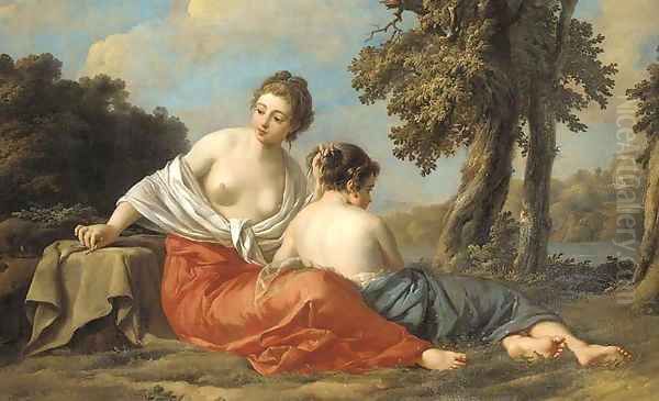 A girl tying up another girls hair by a riverbank Oil Painting by Jean Baptiste Pierre