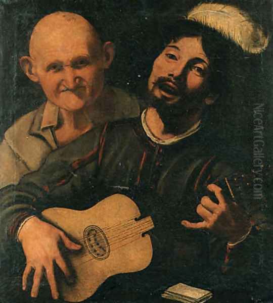 A guitar player and an old man attending Oil Painting by Pietro Paolini