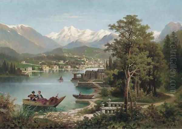 Figures boating in an Austrian lake landscape Oil Painting by Anton Pick