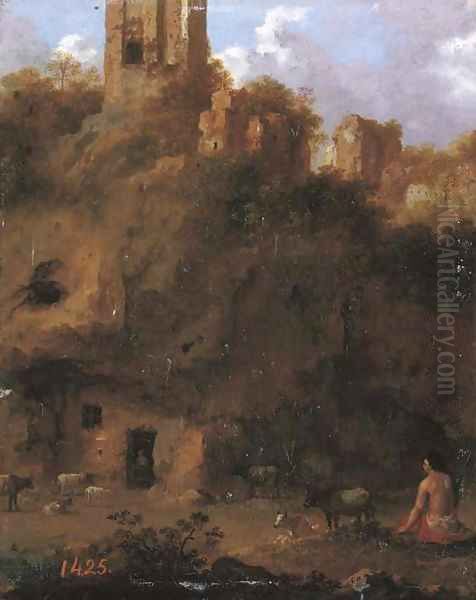 An Italianate landscape with a herdsman and cattle by ruins Oil Painting by Cornelis Van Poelenburch