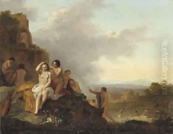 Nymphs resting and bathing in an Italianate landscape Oil Painting by Cornelis Van Poelenburch