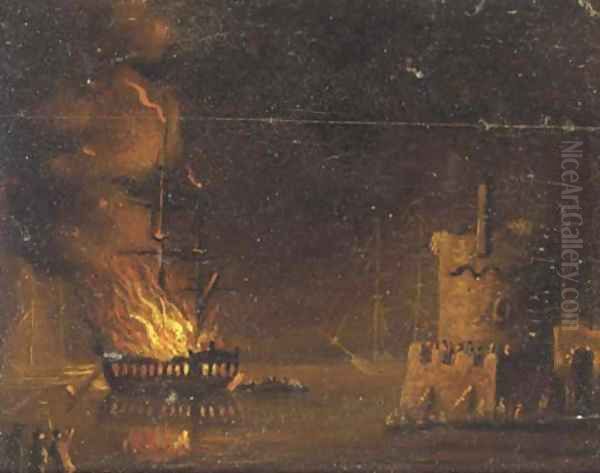 A ship on fire, by night Oil Painting by Adriaen Lievensz van der Poel