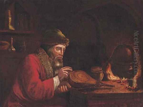 An alchemist by a stove in an interior Oil Painting by Christopher Paudiss