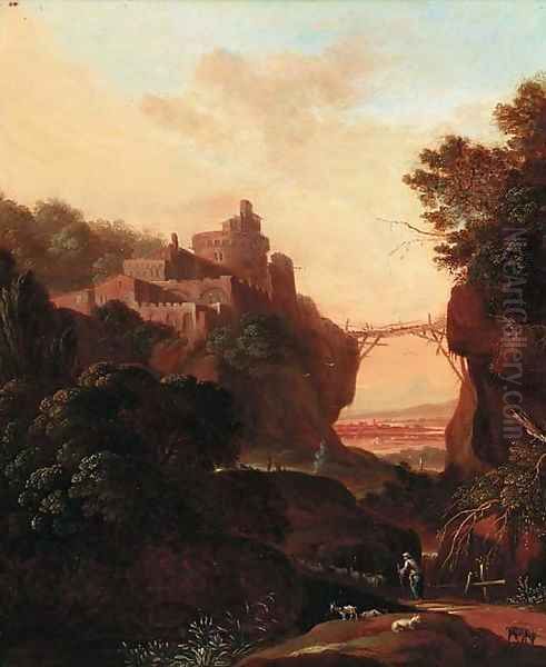 An extensive landscape with a clifftop town over a gorge; and An extensive landscape with figures resting by classical ruins Oil Painting by Cornelis Van Poelenburch