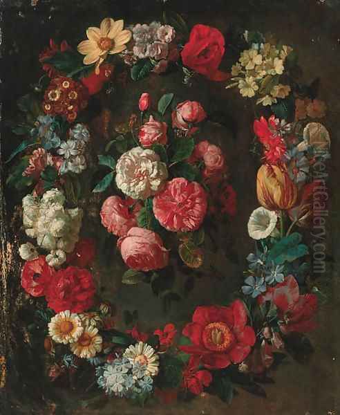 A swag of tulips, narcisi, convulvulus, corn flowers and other flowers surrounding a bunch of roses Oil Painting by Jean Picart