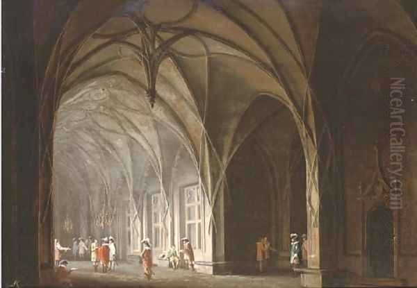 Cavaliers conversing in a gothic atrium; and A prisoner in a dungeon Oil Painting by Josef Platzer