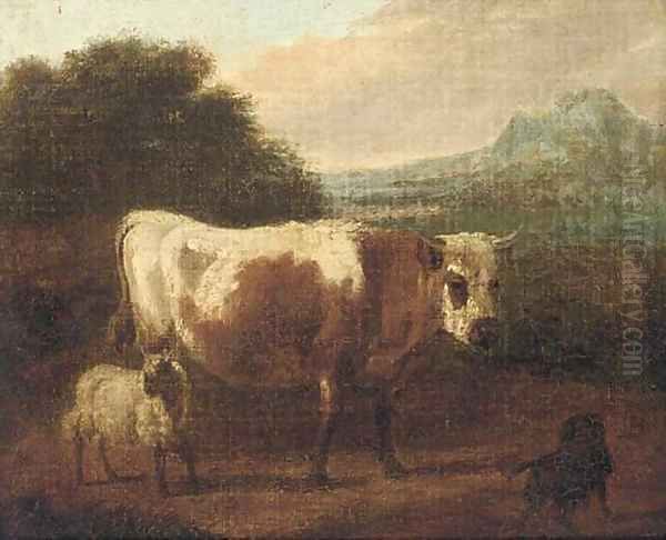 A cow and sheep in a landcape Oil Painting by Paulus Potter