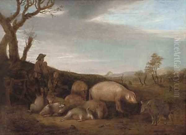 A swineherd with pigs in a landscape Oil Painting by Paulus Potter