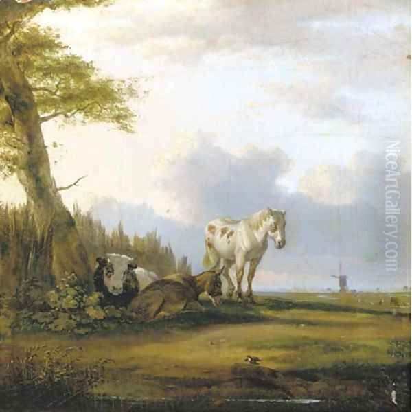 A horse, a donkey and a cow resting near a tree Oil Painting by Paulus Potter