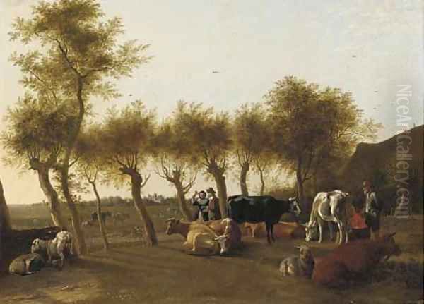 A landscape with a milkmaid and a herder with cows and sheep, an elegant couple on a tree-lined path beyond Oil Painting by Paulus Potter