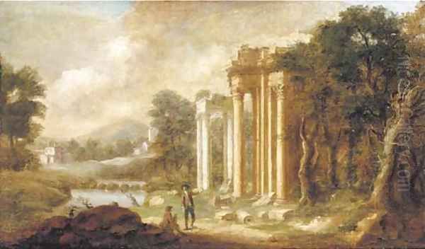 A landscape with gentlemen inspecting classical ruins Oil Painting by Pierre-Antoine The Younger Patel