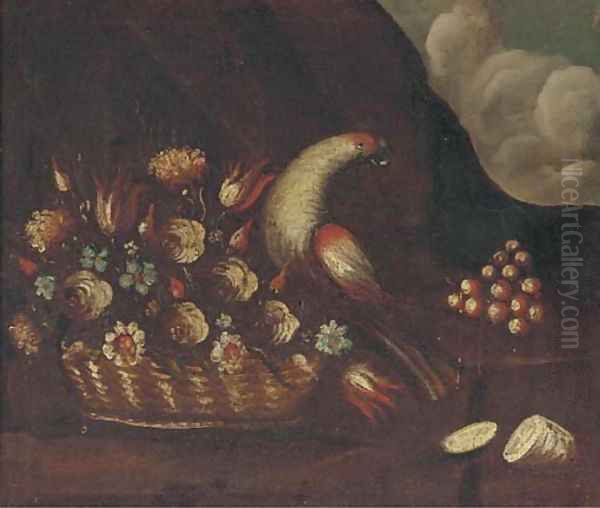 A basket of flowers and a parrot Oil Painting by The Pseudo-Guardi