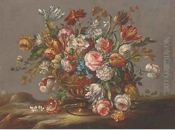 Parrot tulips, roses, narcissi and other flowers in an urn in a clearing Oil Painting by The Pseudo-Guardi