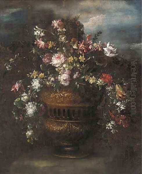 Roses, tulips, narcissi and other flowers in a sculpted vase in a clearing Oil Painting by The Pseudo-Guardi