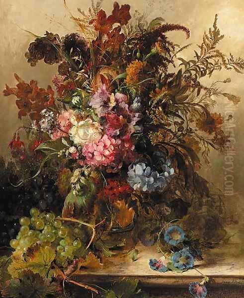 A field bouqet with hydrangea, fuchsia and other flowers Oil Painting by Anna Peters