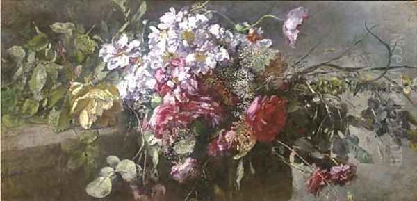 A bouquet of pink and red roses on a ledge Oil Painting by Anna Peters