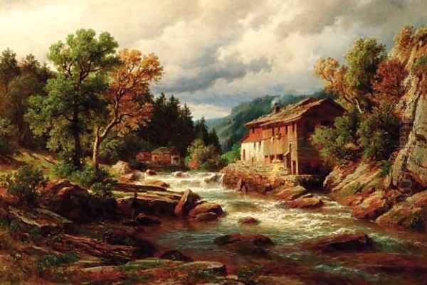 A fisherman by a river in the south Tirol, Austria Oil Painting by Eduard Friedrich Pape