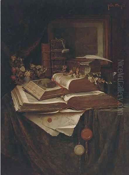 Books, roses and a vase of water on a draped table before an engraving Oil Painting by G. Kalla Priechenfeld