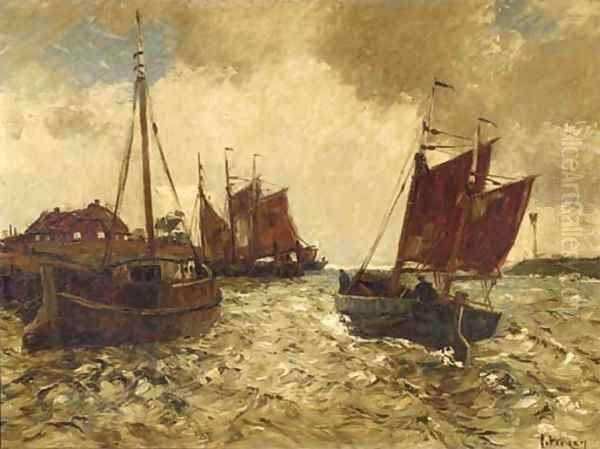 Shipping in a harbour entrance Oil Painting by Hans Ritter Von Petersen