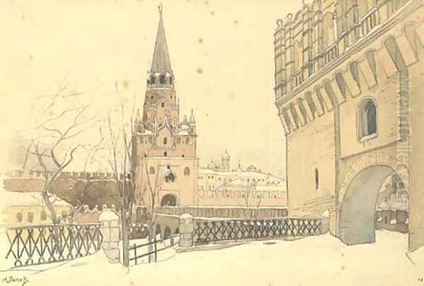 The Kutafia and Troitskaia Towers, The Moscow Kremlin Oil Painting by Mikhail Mikhailovich Popov