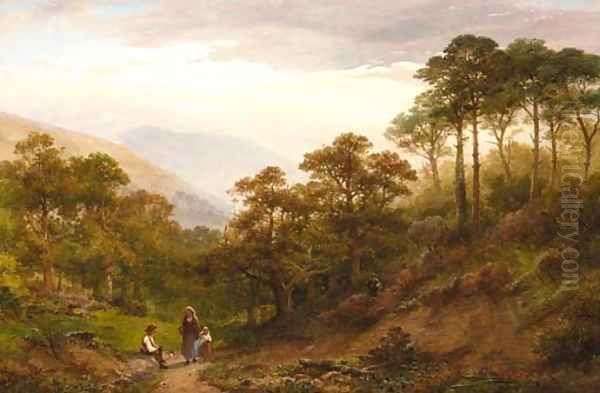 Figures in an extensive wooded landscape, Okehampton Castle Oil Painting by William Williams Of Plymouth