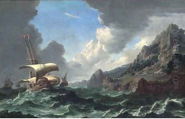 Dutch shipping in choppy waters with a rocky coastal landscape and mountains beyond Oil Painting by Bonaventura, the Elder Peeters