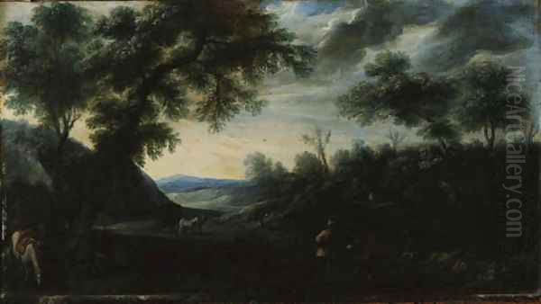 A wooded Landscape with Figures and a horse-drawn Carriage on a Path Oil Painting by Carlo Antonio Procaccini