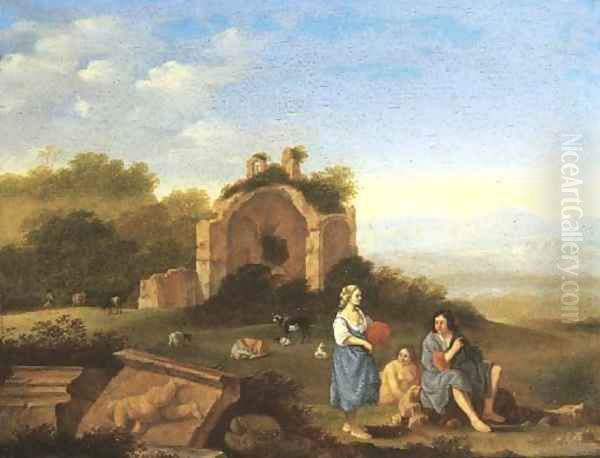 An Italianate landscape with peasants and cattle by classical ruins Oil Painting by Cornelis Poelenburgh