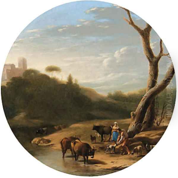 An Italianate wooded landscape with a herdsman and a shepherdess, cattle and goats watering at a stream Oil Painting by Cornelis Poelenburgh