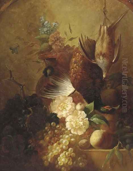 Grapes, plums, a peach, a pheasant and grouse, on a marble ledge Oil Painting by James Poulton