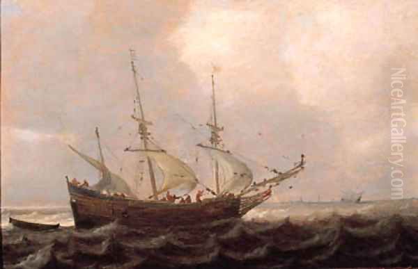 A threemaster offshore in a stiff breeze, on a cloudy day Oil Painting by Julius Porcellis