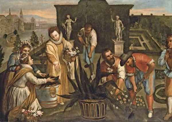 A lady holding a basket of flowers and gardeners planting in a Renaissance garden Oil Painting by Lodovico Pozzoserrato (see Toeput, Lodewijk)