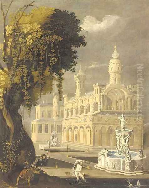 Suzanna and the Elders before an architectural capriccio of a palace and an ornamental fountain Oil Painting by Lodovico Pozzoserrato (see Toeput, Lodewijk)