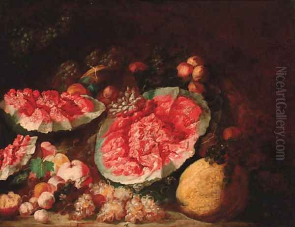 Still life of water melons, peaches and grapes Oil Painting by Maximilian Pfeiler