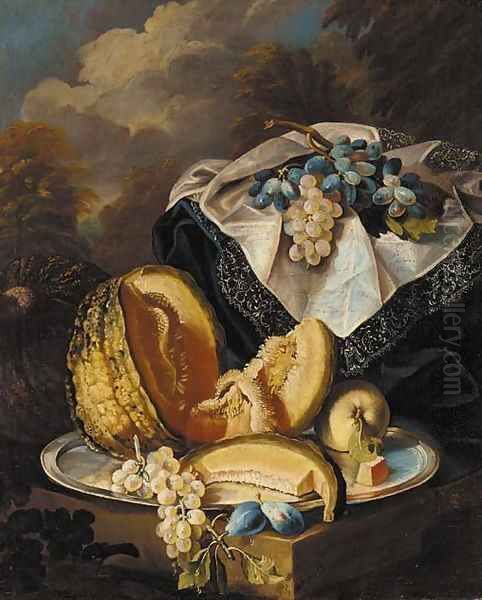 Grapes, melon, an apple and plums on a silver salver Oil Painting by Maximilian Pfeiler